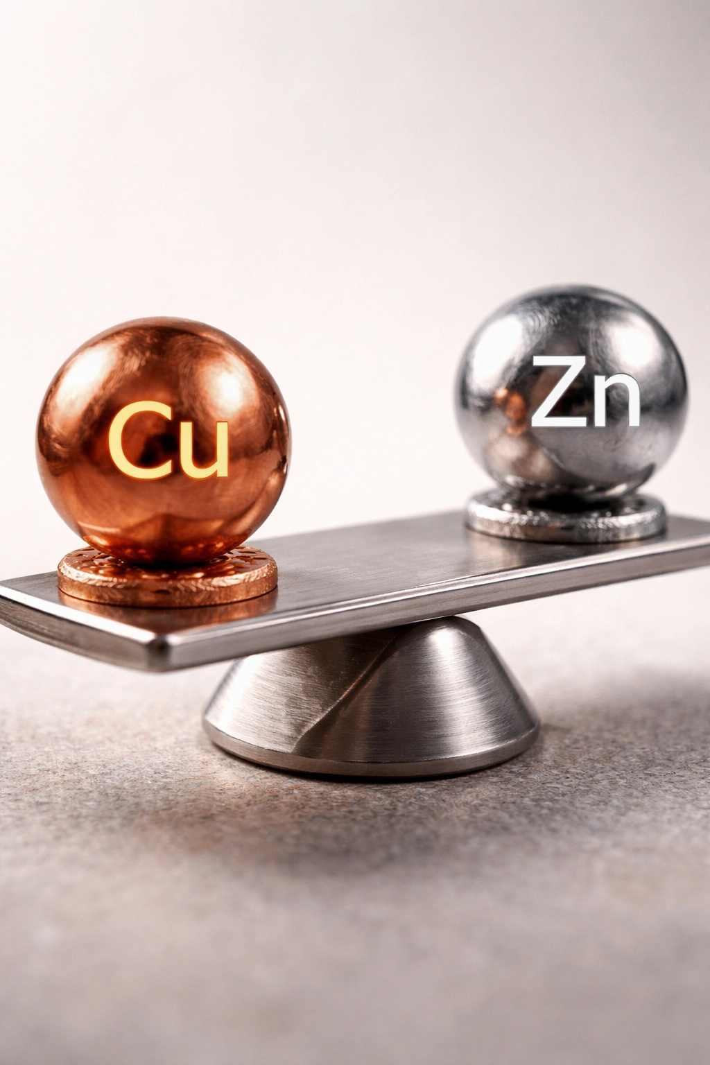 Copper and zinc spheres balanced on a scale