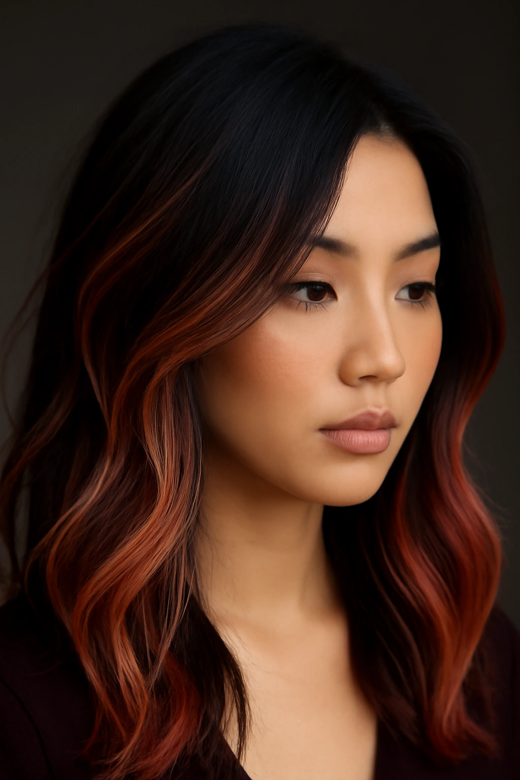 15 Korean Hairstyles Women Are Copying Right Now 14 Dark hair with coral and peach tones creating a soft, romantic contrast