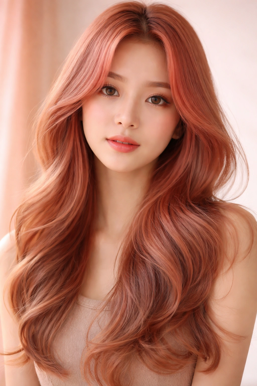 Hair colored coral pink with warm tones around the face.