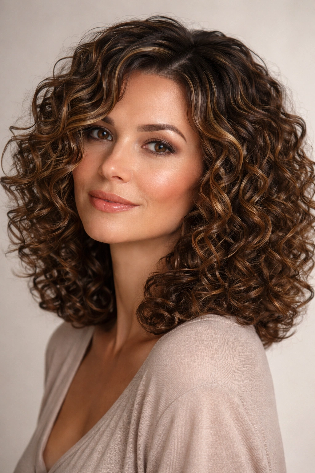 Corkscrew curls shoulder-length with bronze highlights