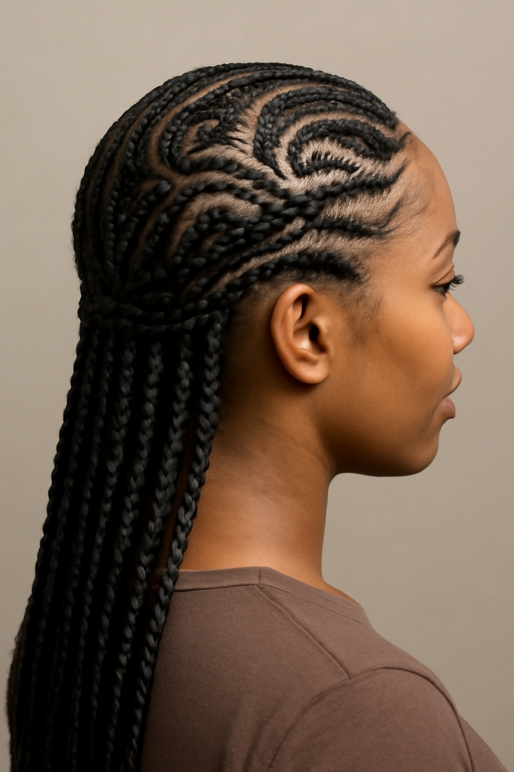 Head showing cornrow crown transitions into loose box braids