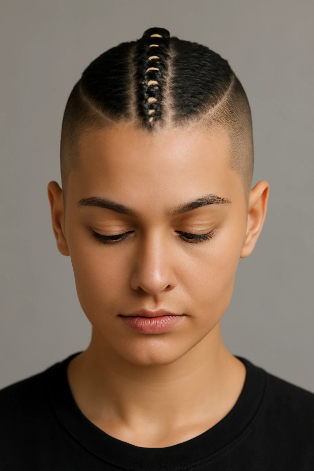 Central cornrow with wrapped accents and shaved sides