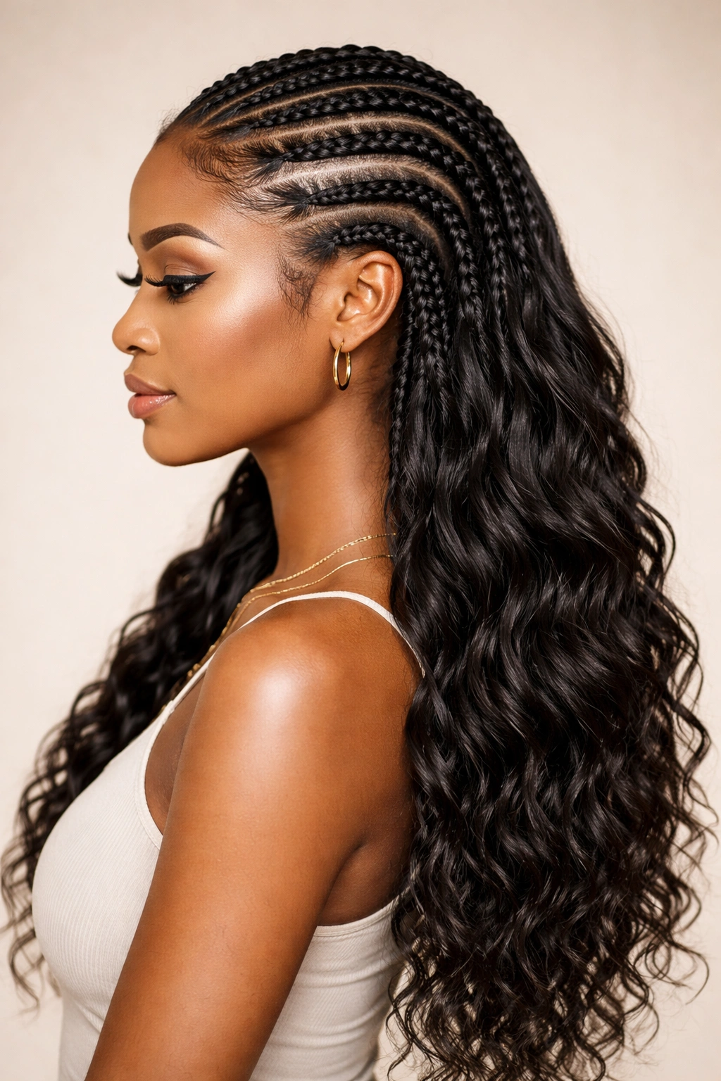 Side profile of Cornrow Crochet with Loose Ends showing cornrows and loose ends