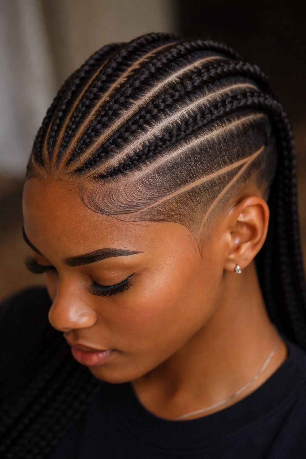 10 Braided Hairstyles With Shaved Sides For Women 5 Cornrow pattern with fade and design line on undercut