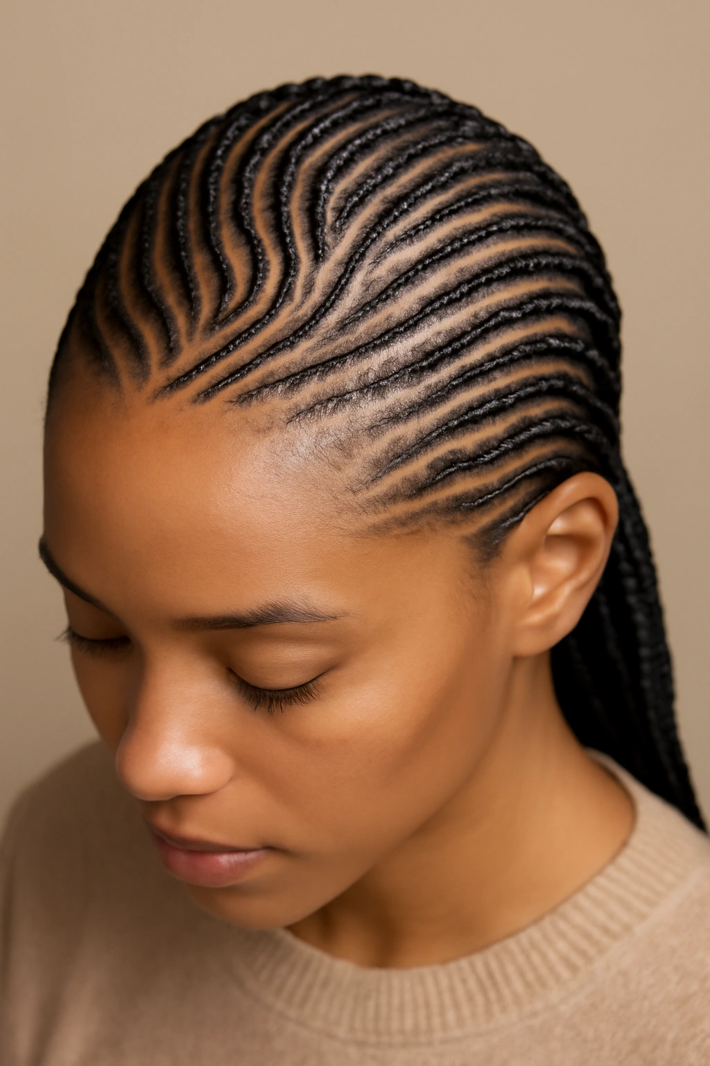 Intricate micro cornrow patterns across the scalp forming sculptural lines
