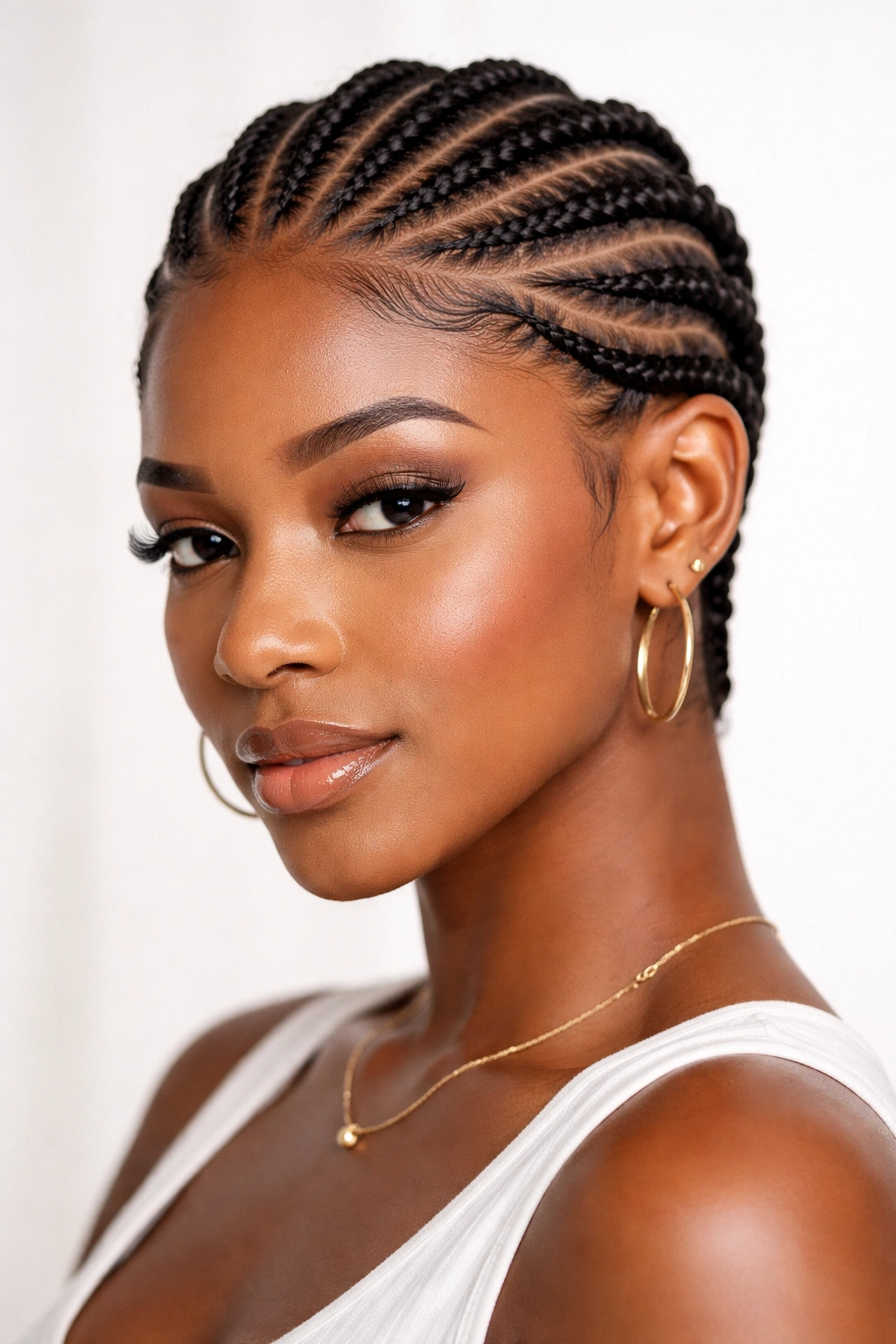 Portrait of a person with short cornrows in a studio setting
