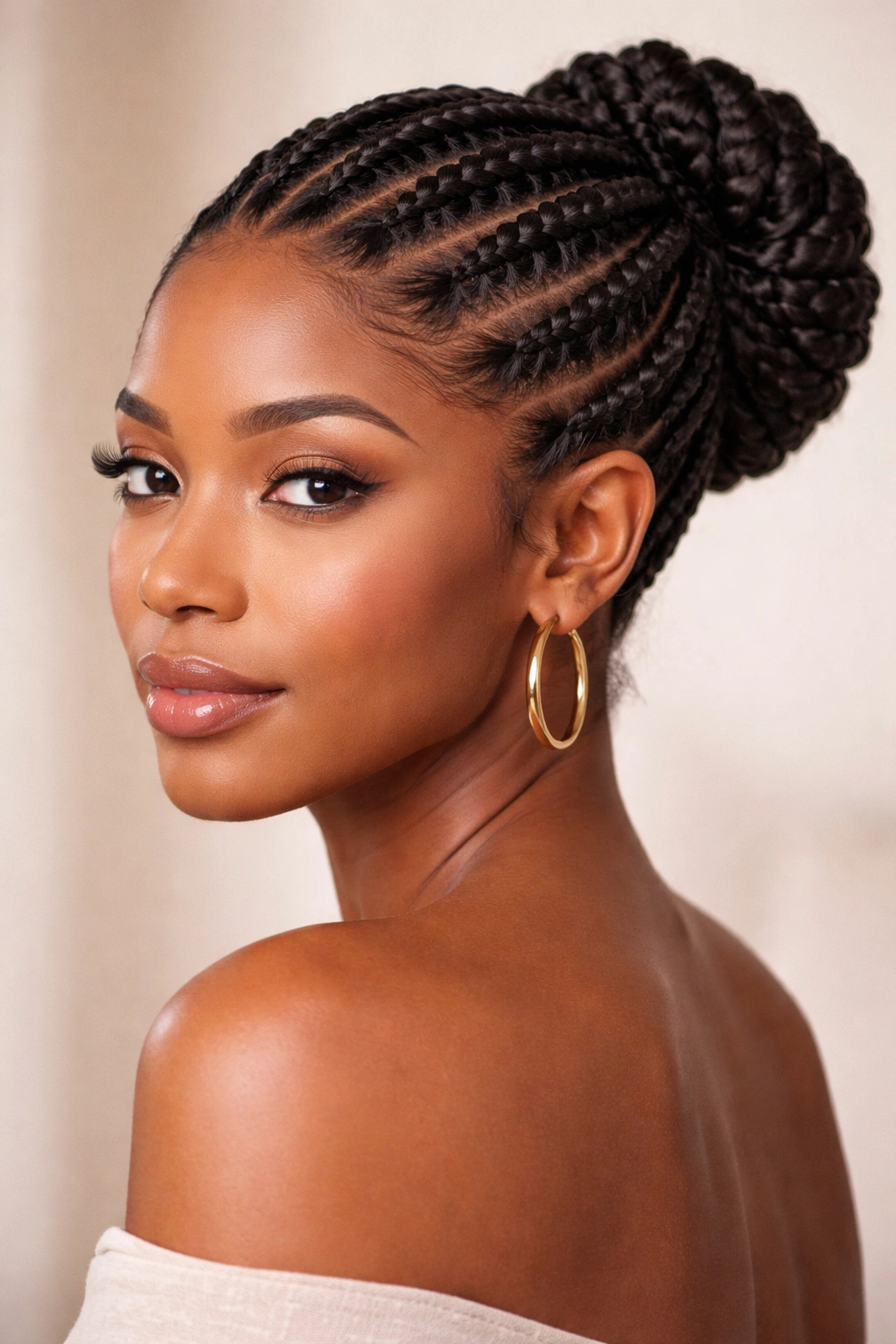 25 Natural Hairstyles Black Women Are Rocking Now 20 Portrait of a Black woman with a cornrow updo and braided pattern