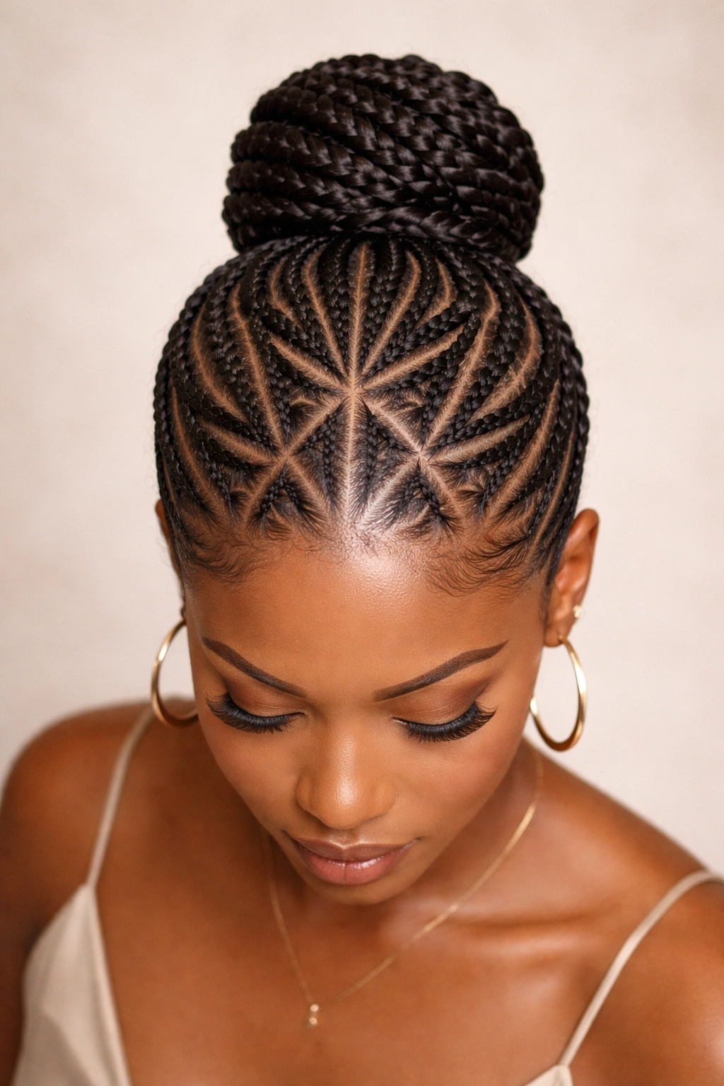Cornrow updo with geometric crown-patterned braids.
