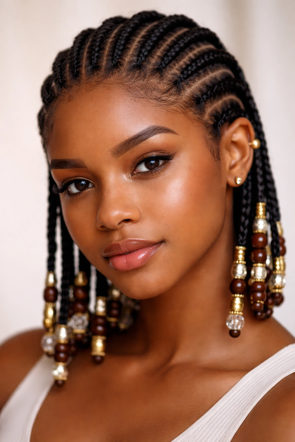 Close-up of short cornrows ending in beads and cuffs.