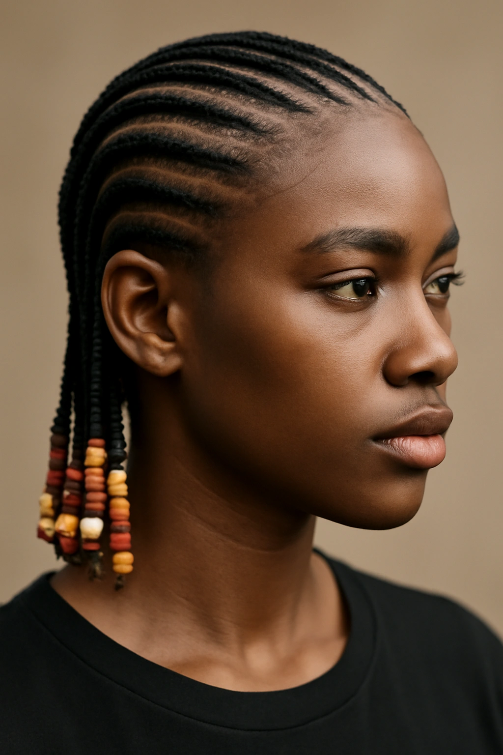 12 Short 4C Hairstyles That Look Effortlessly Good 4 Portrait of a person with cornrow braids and beads arranged in clean geometric patterns