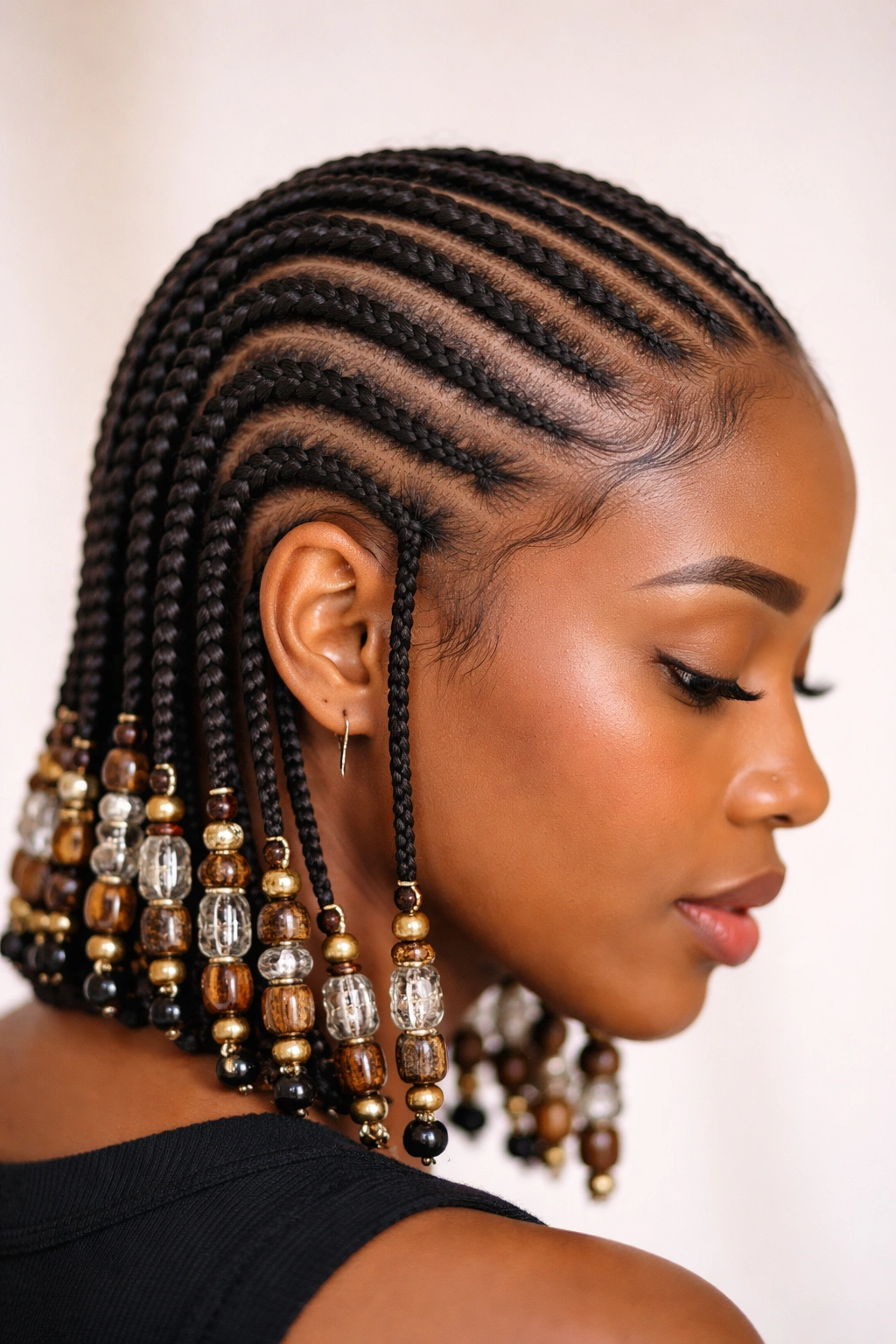 10 Beautiful Beaded Hairstyles For Black Women 1 Close-up of cornrows with decorative beads along the scalp