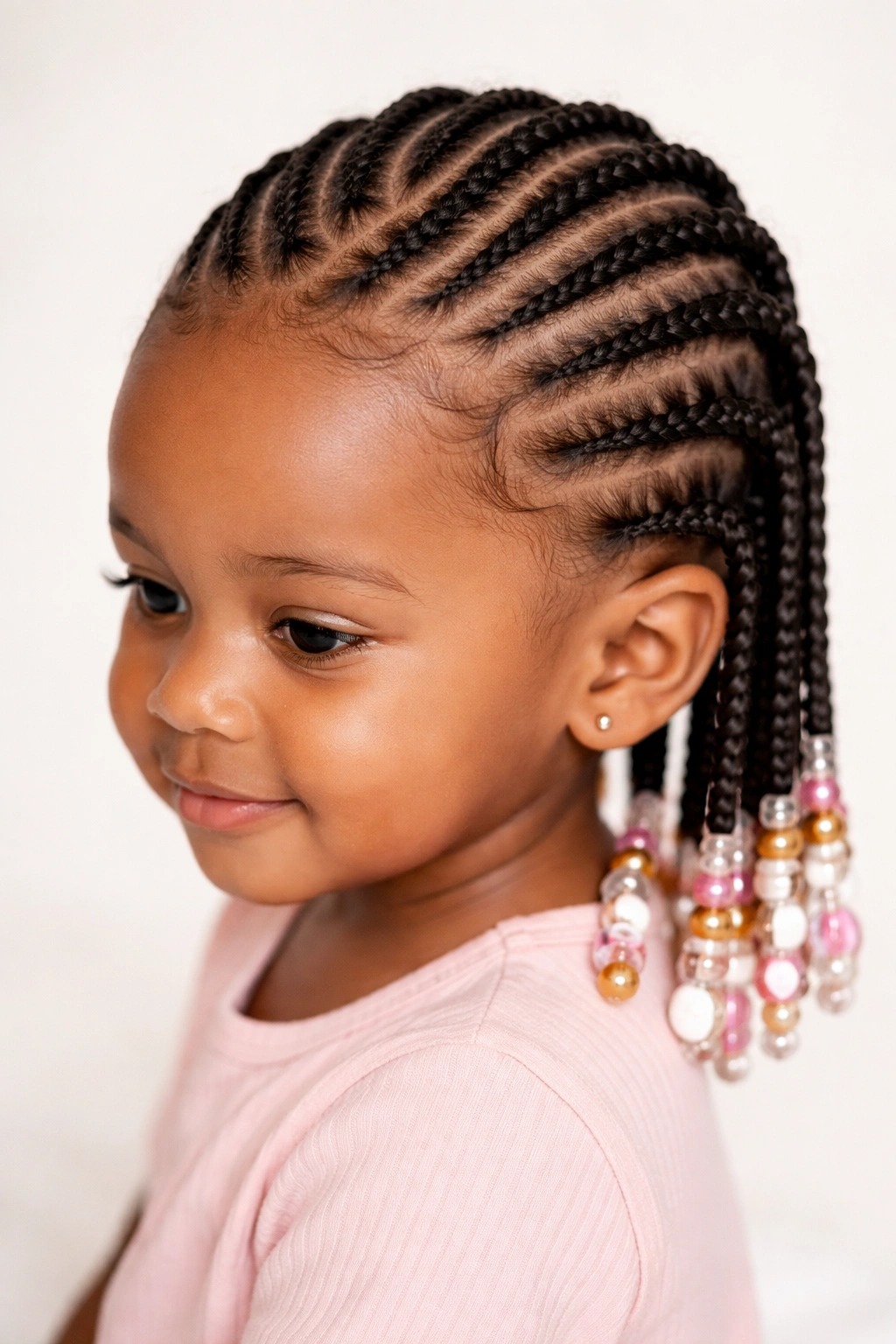 Close-up of toddler with cornrows ending in beads