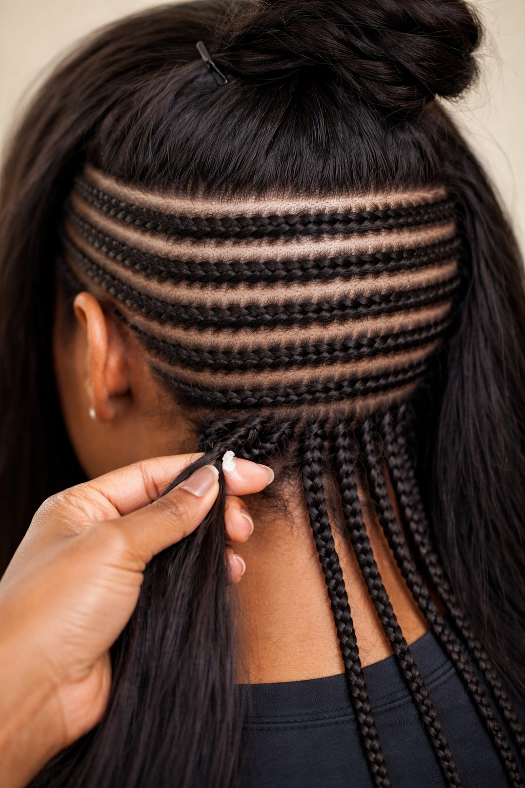 Close-up of cornrows forming a neat braid pattern at the nape