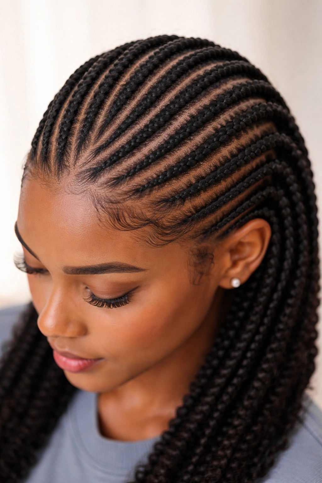 Close-up of neat cornrows along the scalp