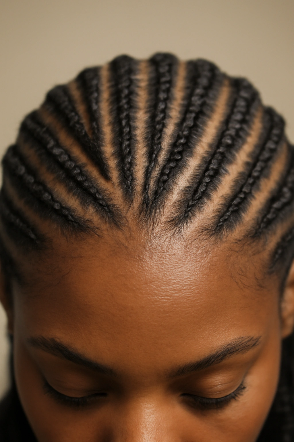 15 Natural Braid Styles Black Women Are Wearing Now 1 Close-up of tight cornrows braided along the scalp showing precise patterns