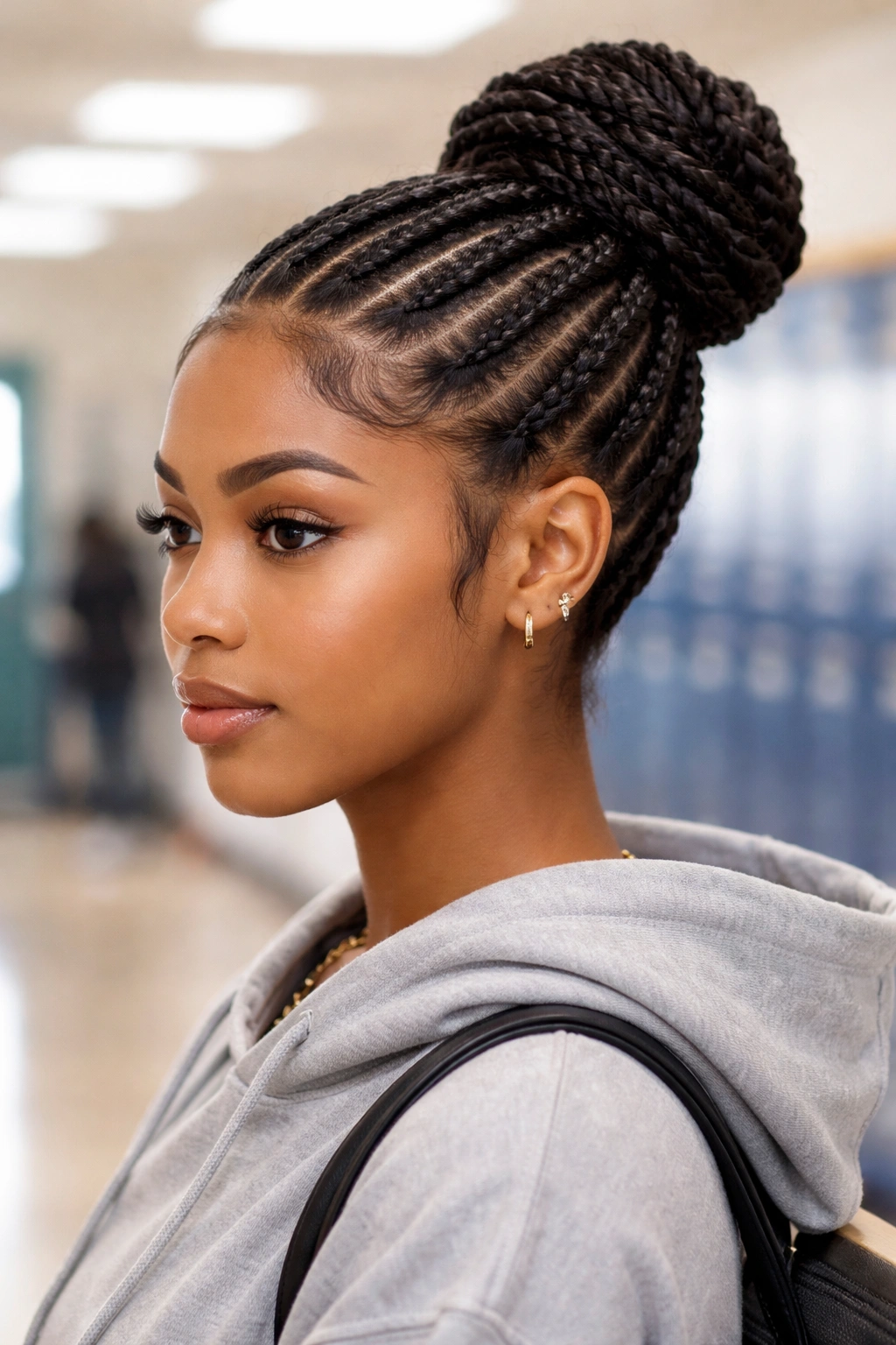 Cornrows leading into a bun with geometric braids