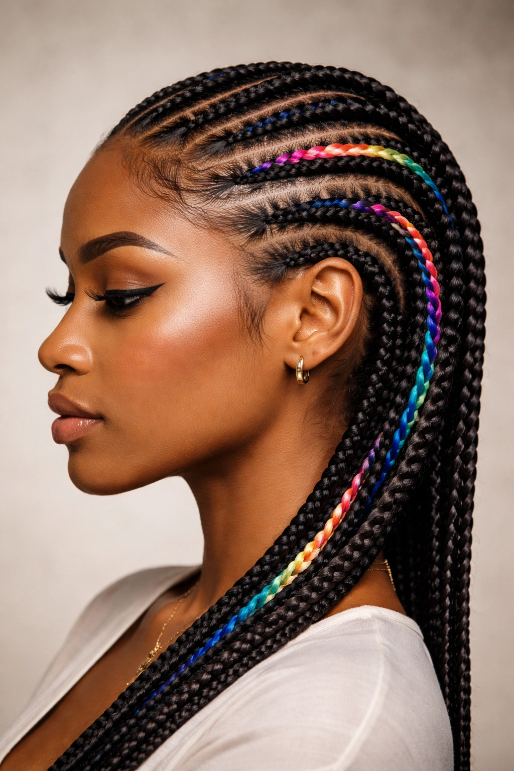Side profile of cornrows featuring colorful accents.