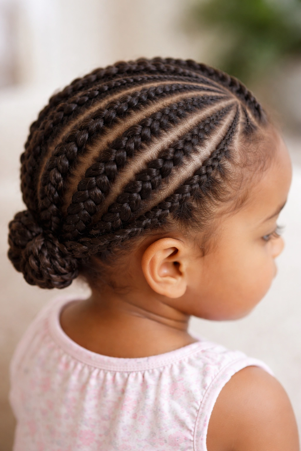 Toddler head with cornrows forming a crown around the scalp.