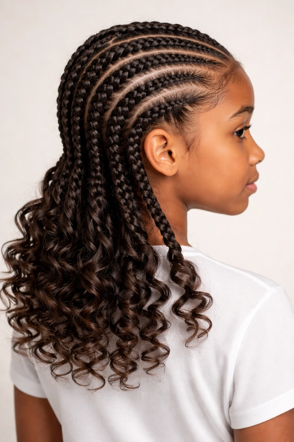 Cornrows ending in loose curls at the ends