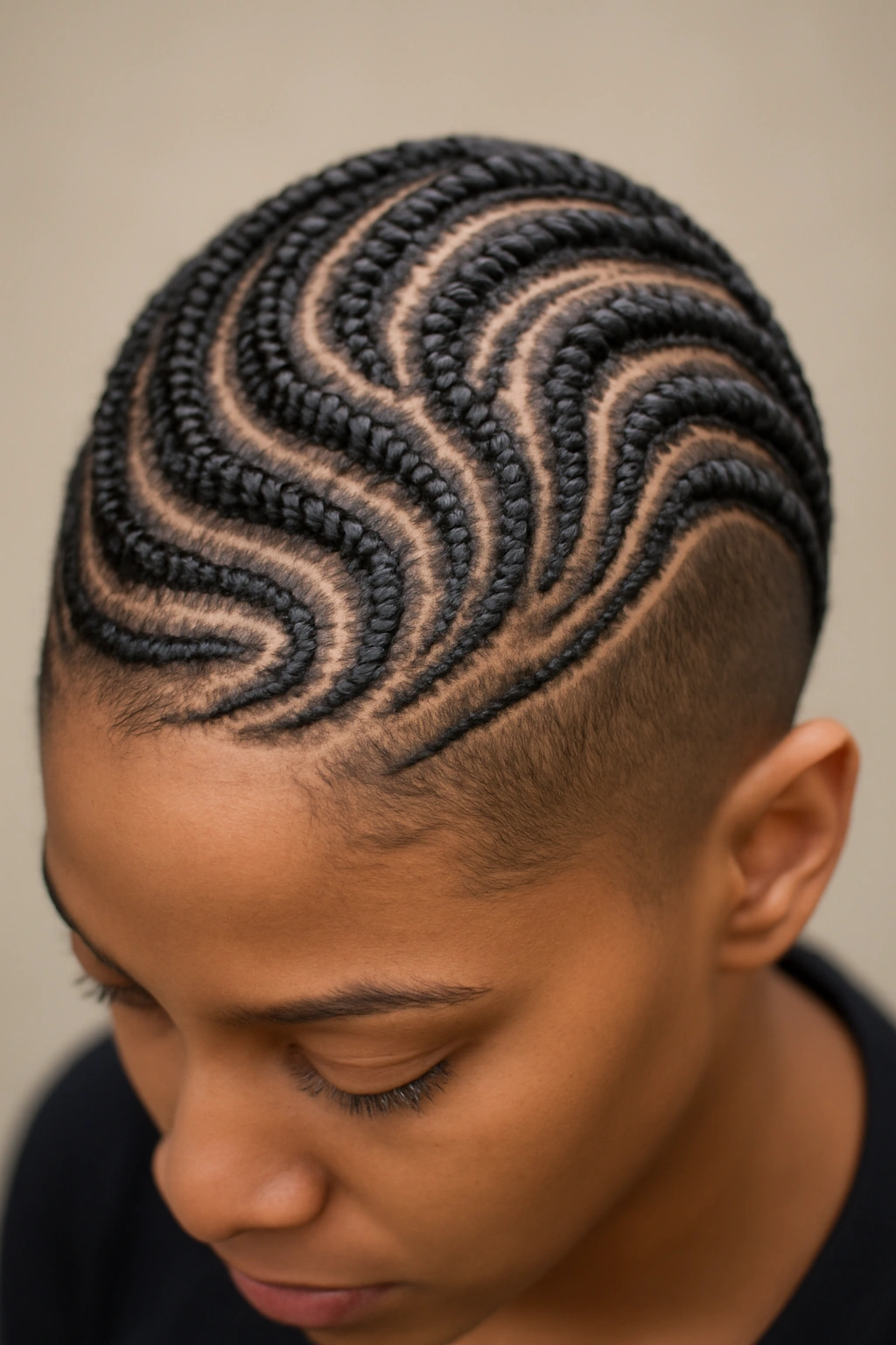 Curved cornrows pattern across the scalp