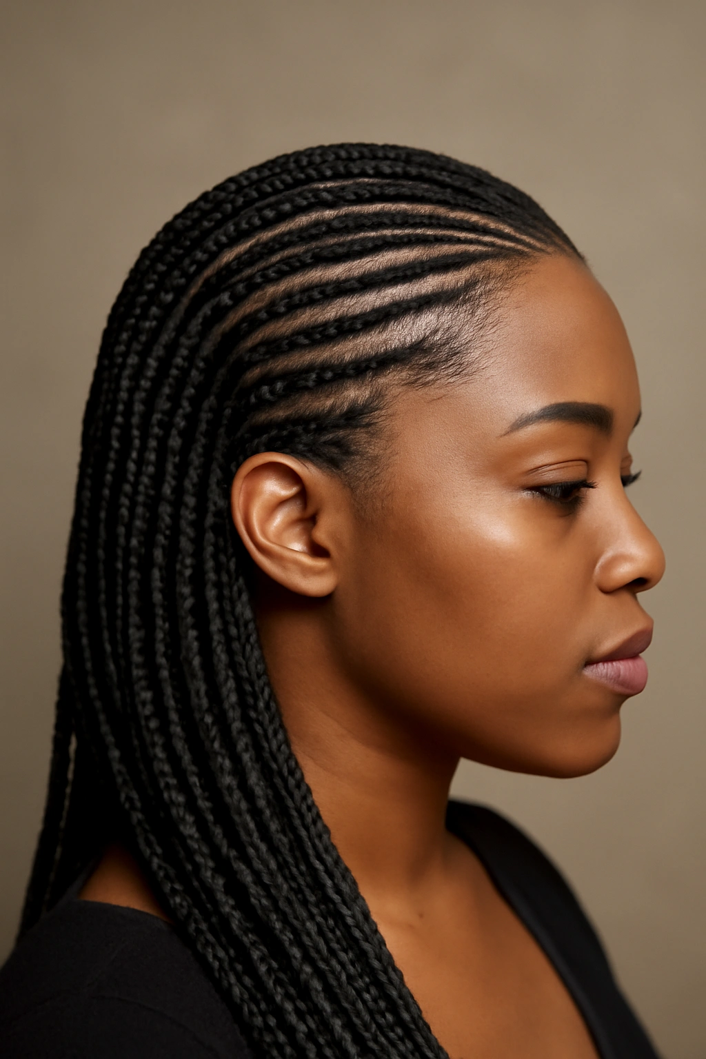 12 Flattering Hairstyles for Black Women With Round Faces 4 Black woman with side-parted cornrows and extensions