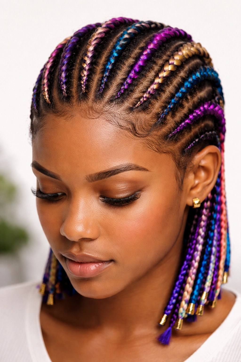 Close-up of cornrows with colored extensions showing color contrast on short hair.