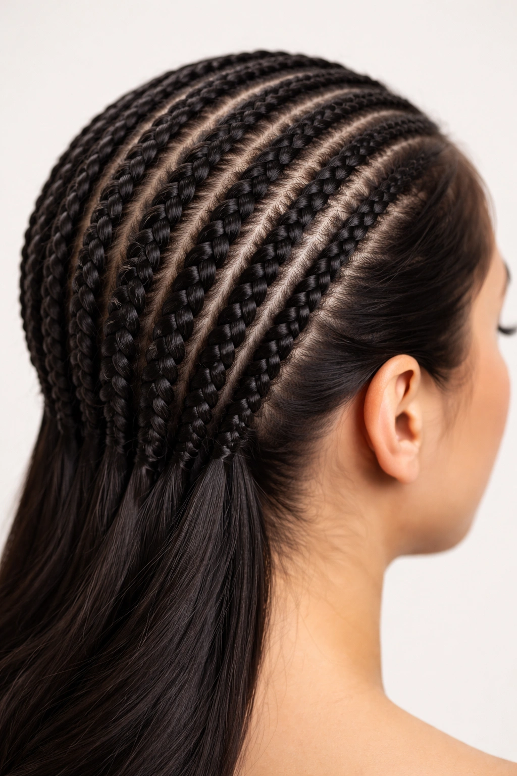 Close-up of tight cornrows along the scalp from front to back