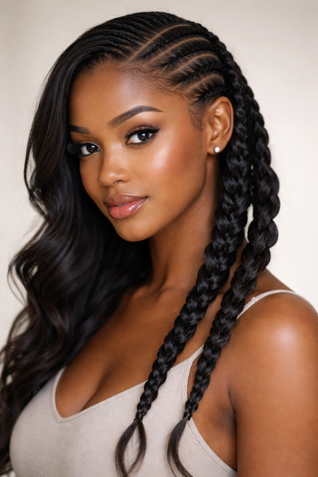 Cornrows transitioning to loose freestyle braids at a side-part on a Black woman