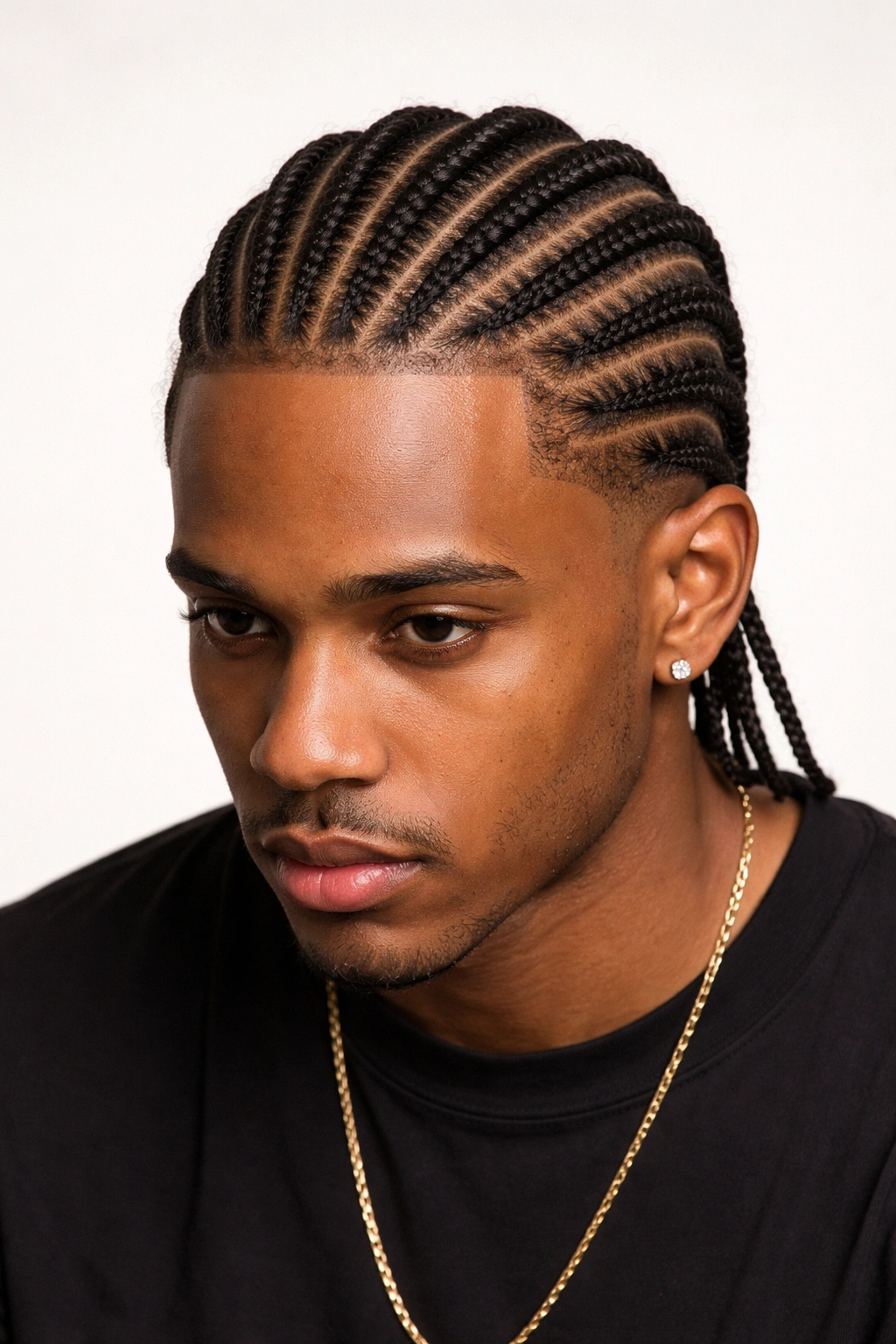 Close-up of cornrows braided tightly along the scalp