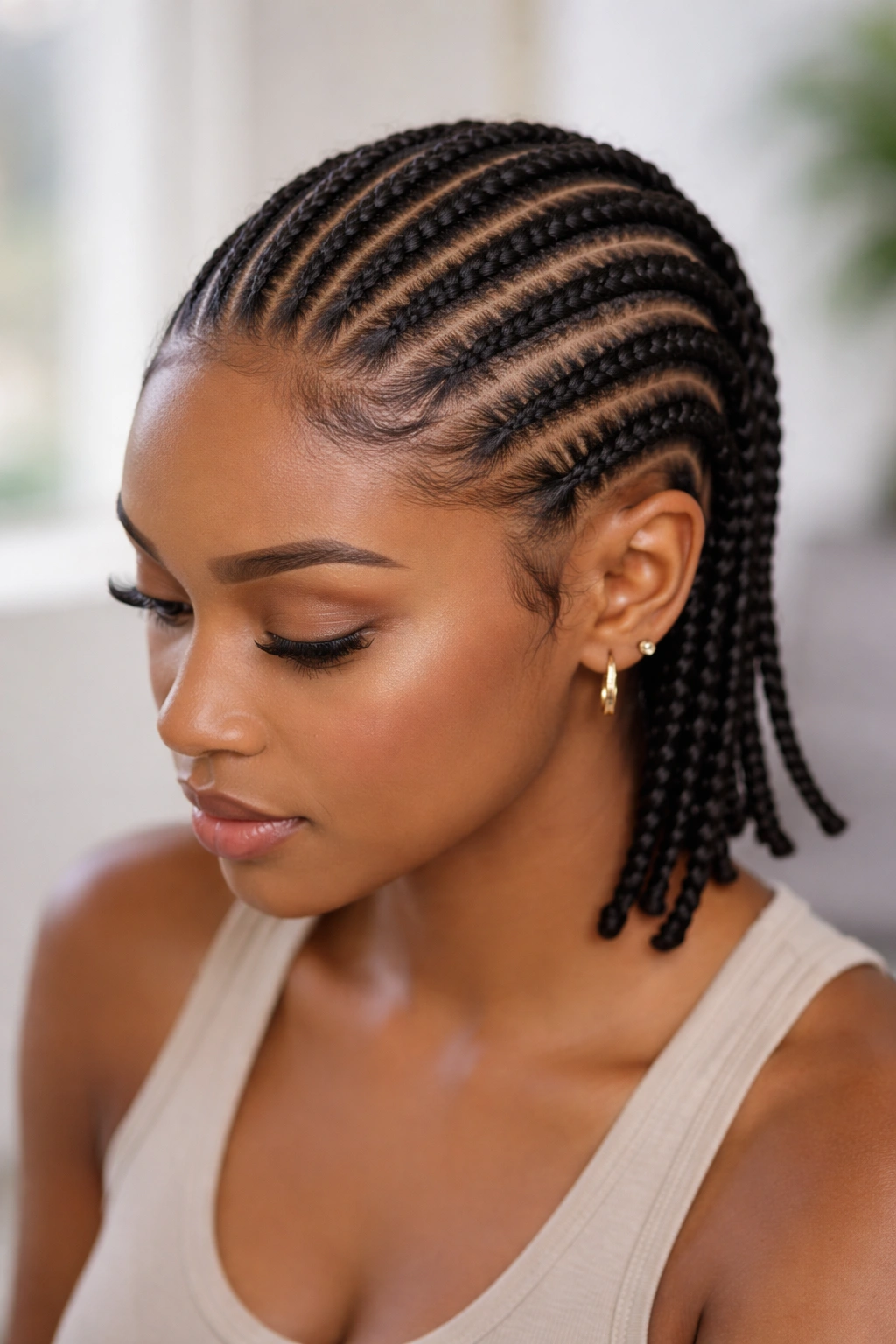 Close-up of cornrows following the scalp with neat straight-back rows on a short hairstyle