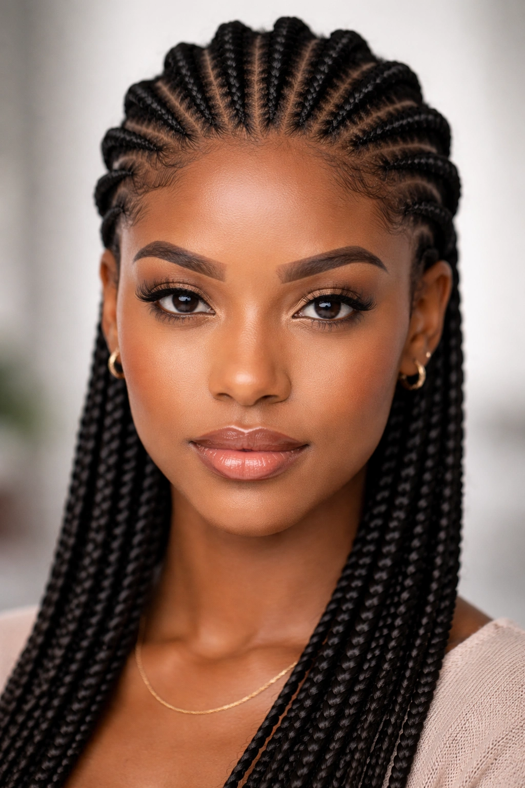 Head-on portrait of a person with straight-line cornrows against a simple backdrop