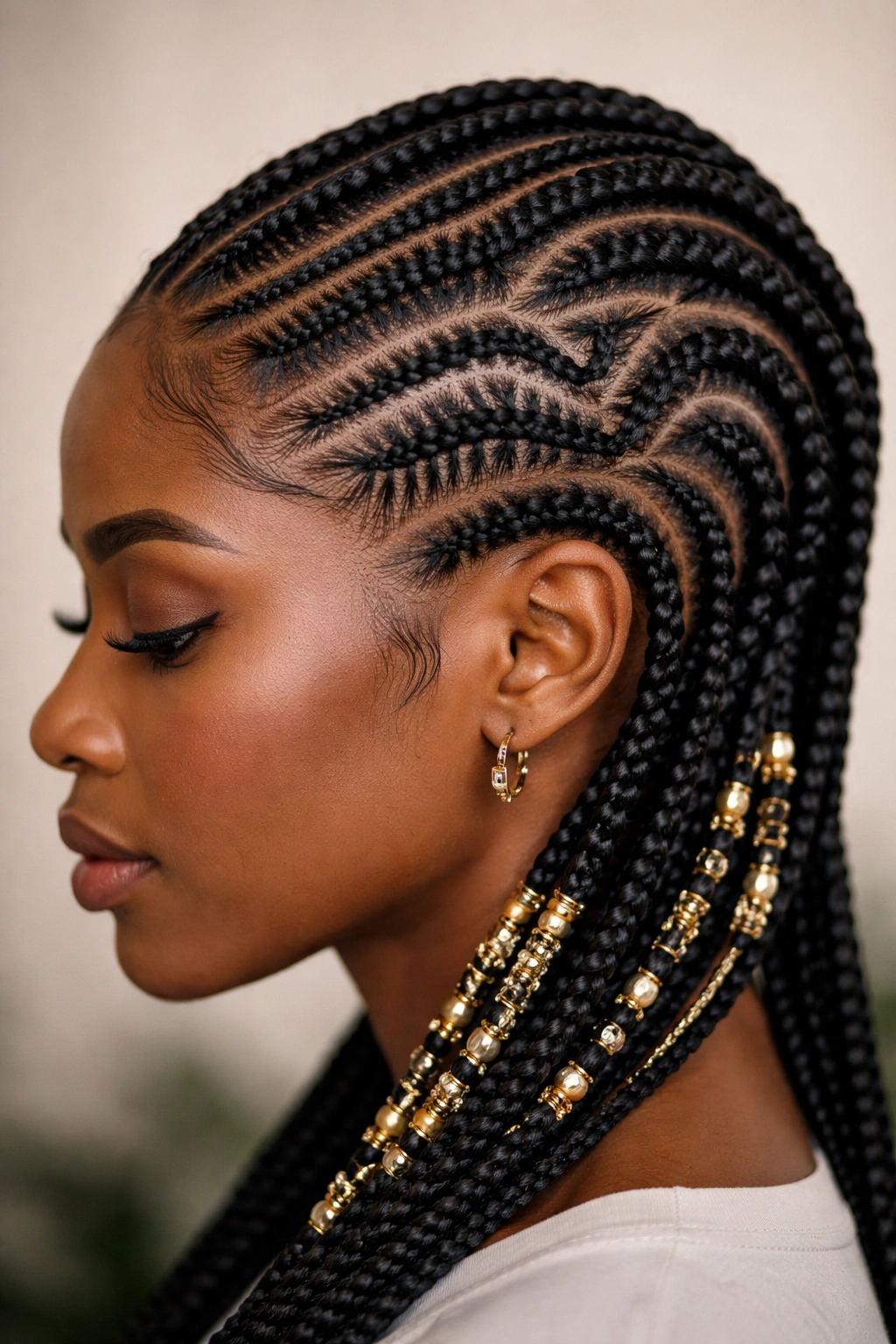 Close-up of geometric cornrow patterns along the scalp.