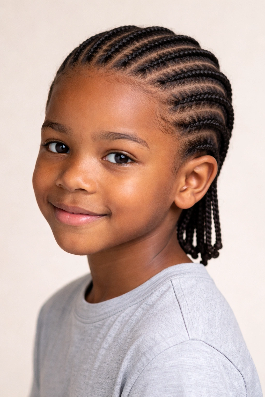 Close-up of a child's head featuring neat all-back cornrows from hairline to nape.