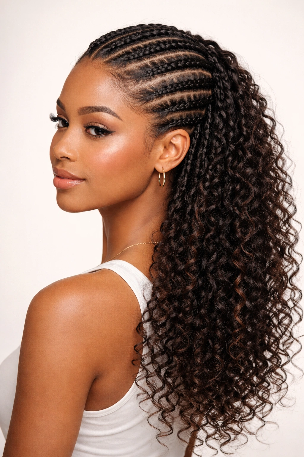 Cornrows with loose ends hairstyle showing front braids and loose curls at the back