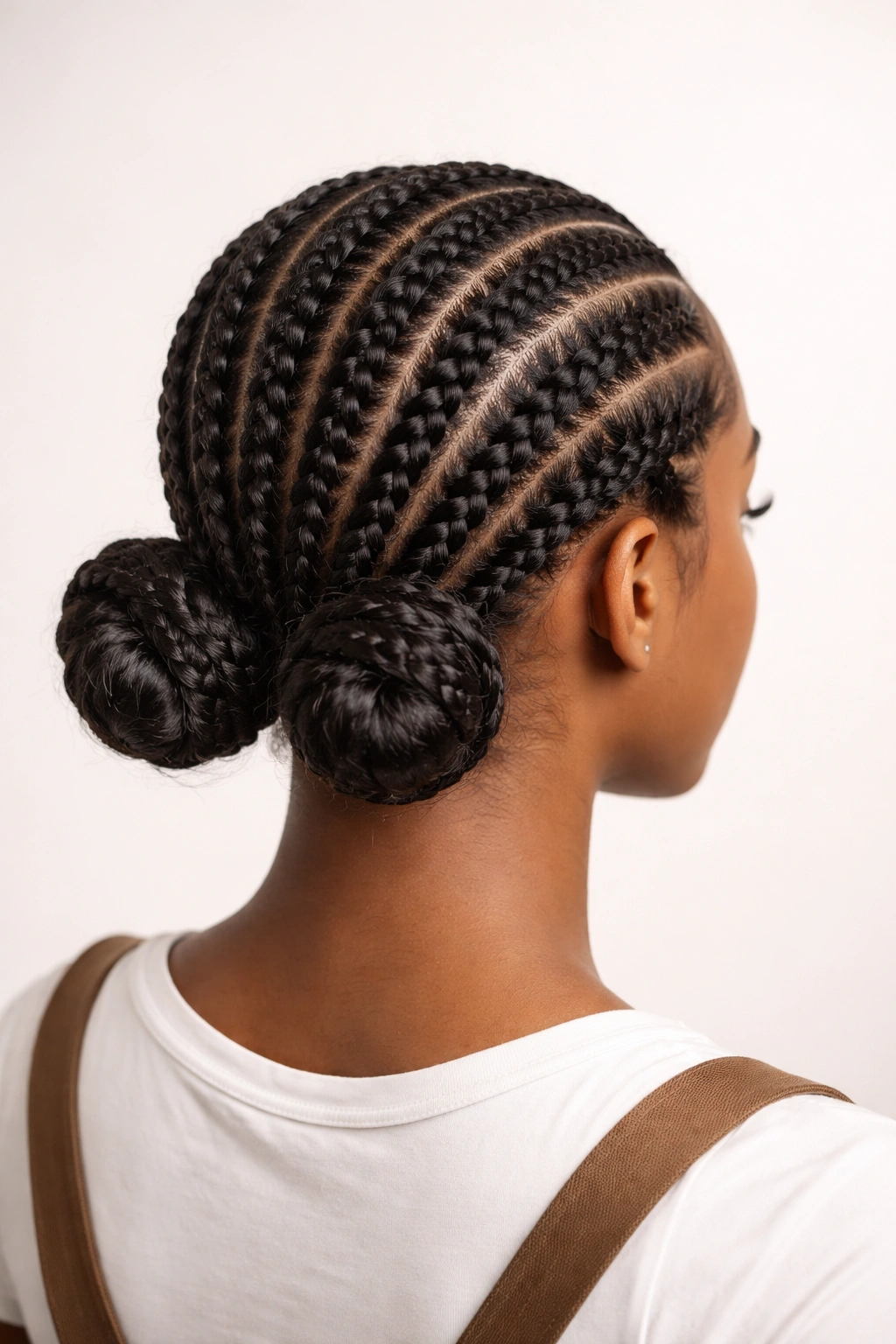 Cornrows ending in two low buns at nape