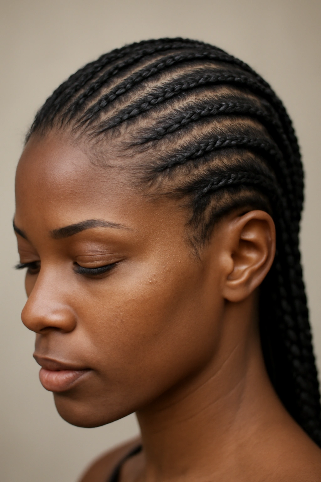 20 Hairstyles for Black Women Sorted by Hair Texture 7 Close-up of neat cornrows along the scalp on dark skin; a protective hairstyle for black hair.