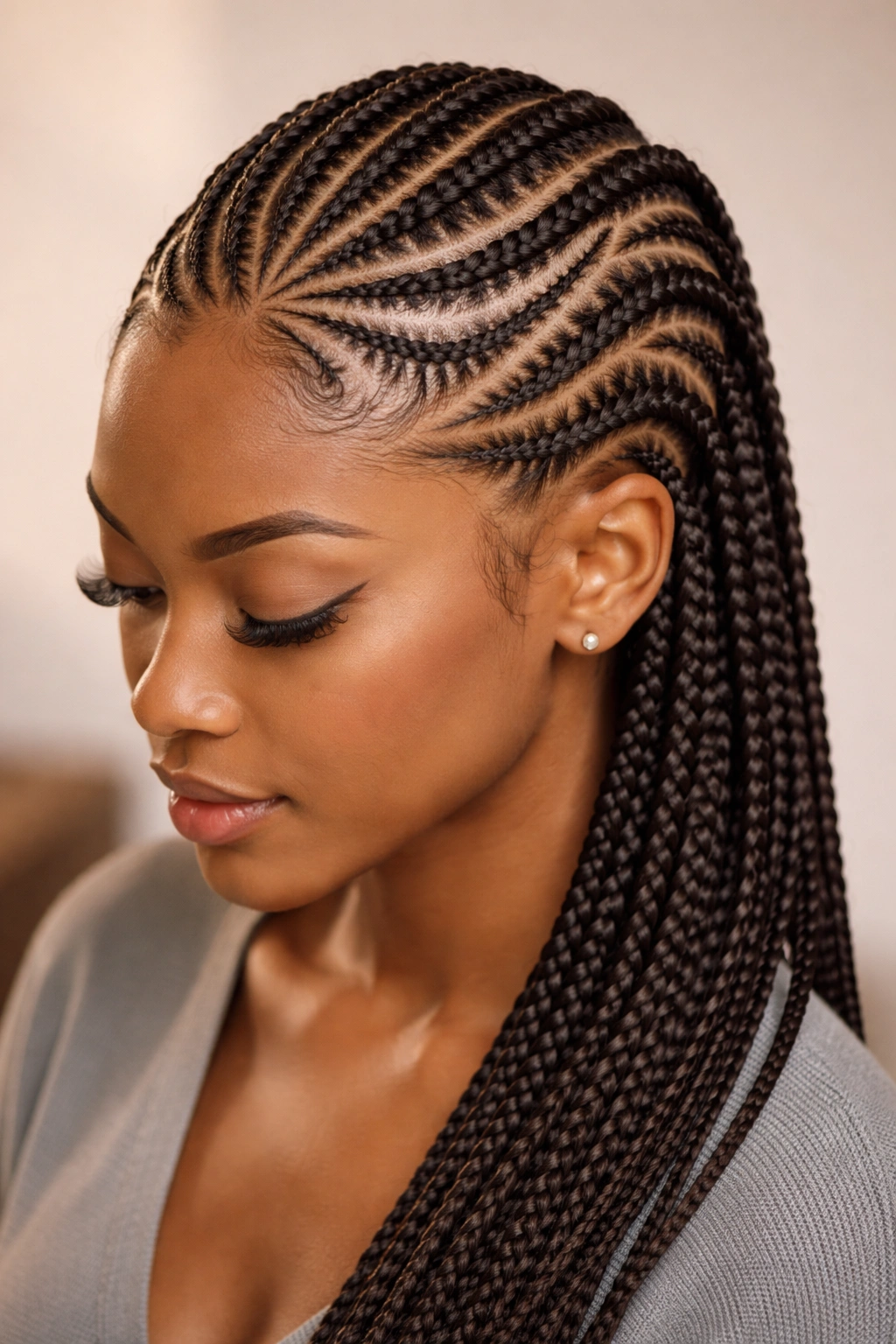 Cornrows with geometric pattern braided into the scalp