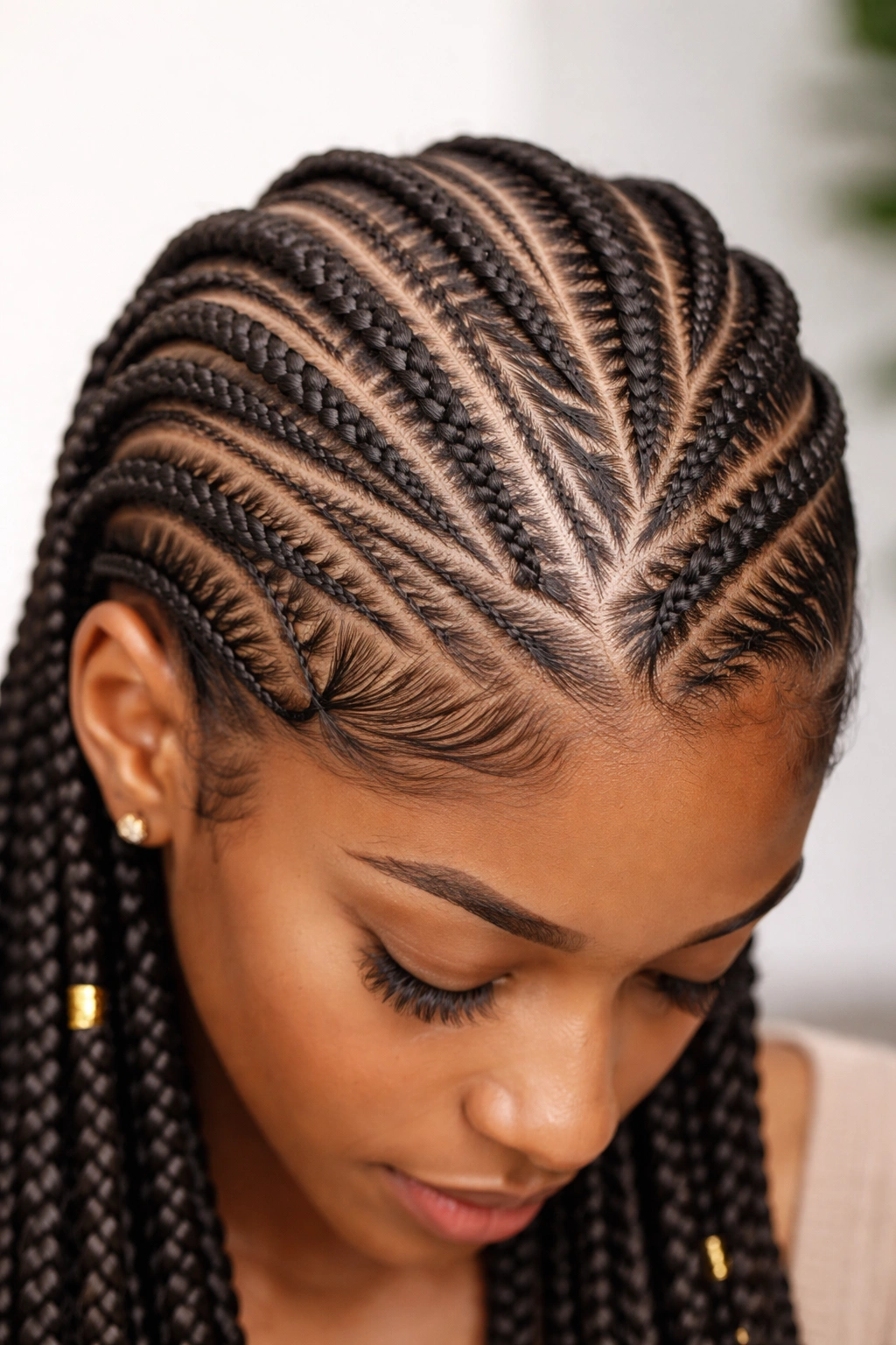 Close-up of scalp with intricate cornrow patterns