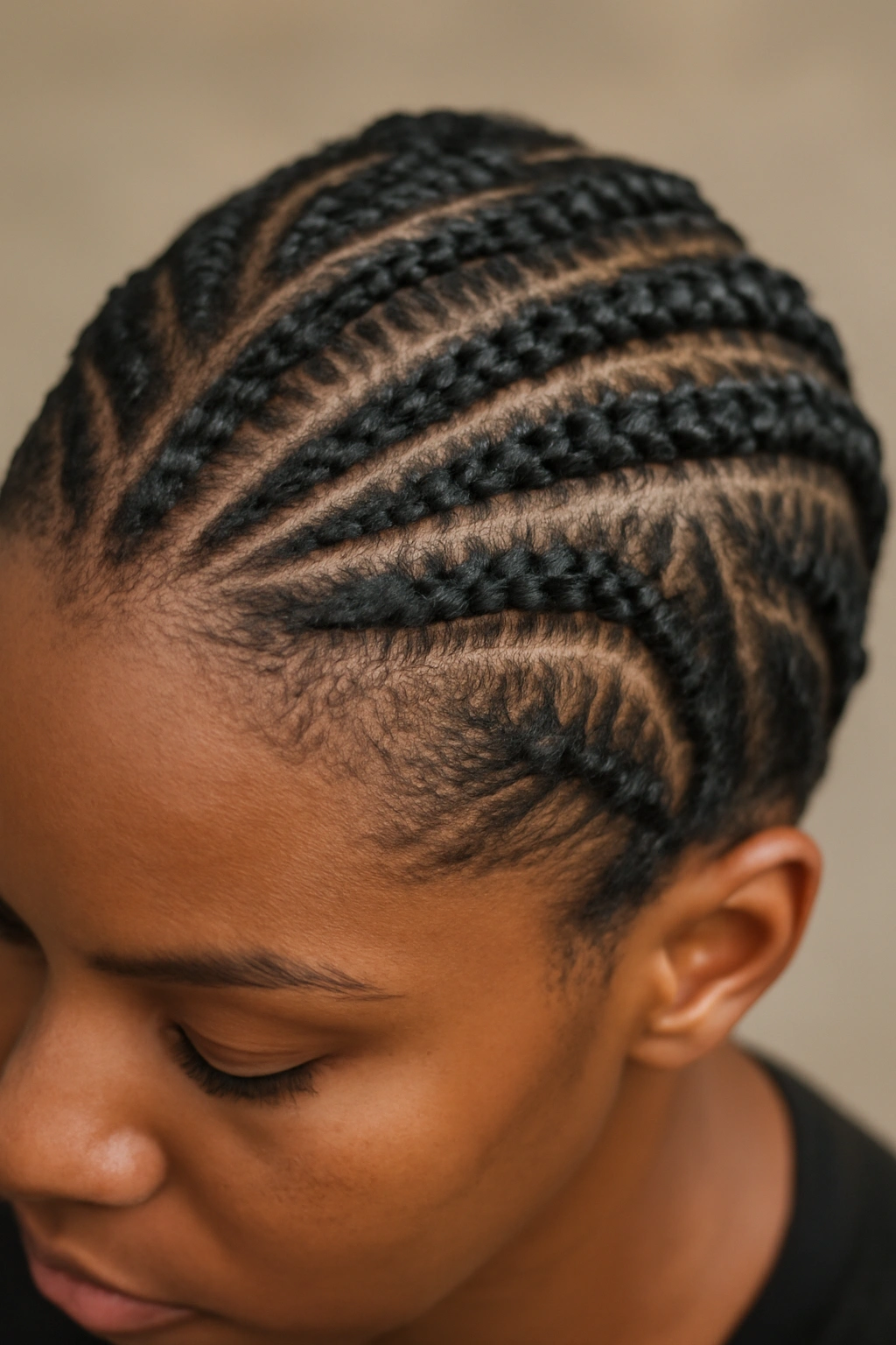 20 Short Natural Hairstyles for Black Women to Save 10 Close-up of cornrows on short hair showing geometric patterns