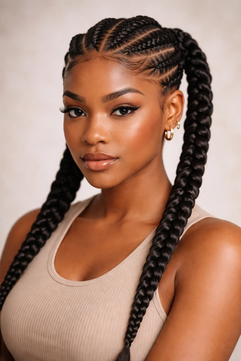Close-up of cornrow pigtails with flat, scalp-hugging braids