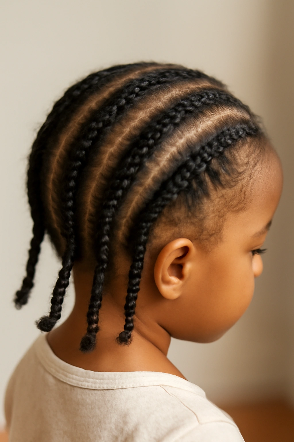 18 Braided Toddler Hairstyles That Won't Come Undone 9 Top-down view of several cornrows with protective end elastics on a toddler