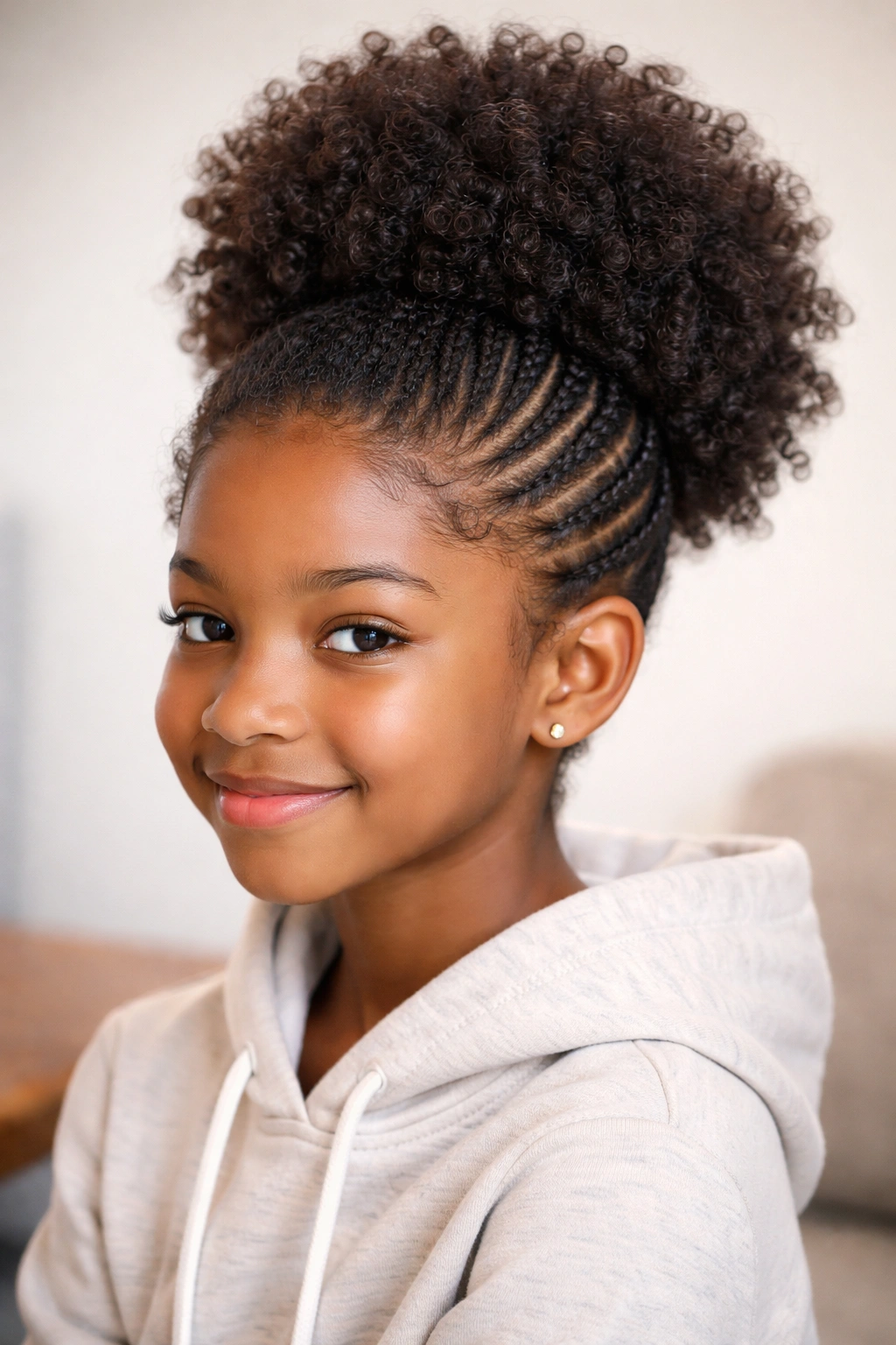 High puff with side cornrows on natural curly hair