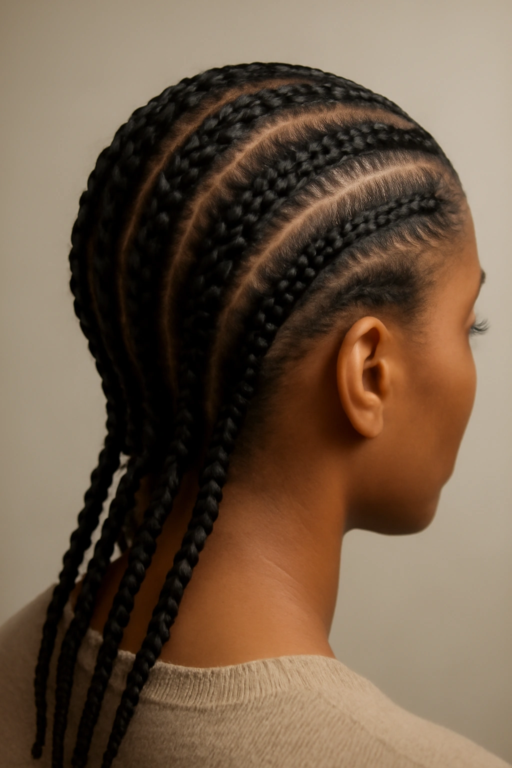 Tight cornrows along the scalp in neat rows