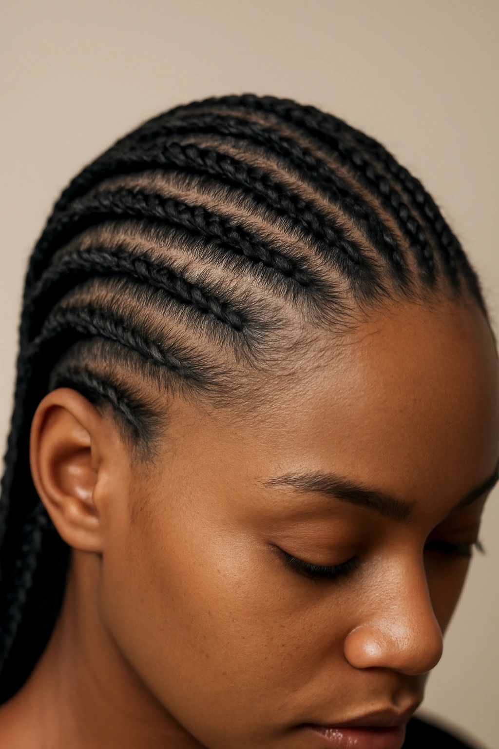 15 Short Braids for Natural Hair You Need to See 2 Close-up of neat cornrows running straight back with neat rows in studio lighting.