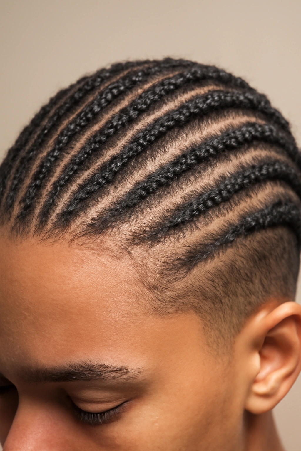 Close-up of tight cornrows along the scalp on short hair