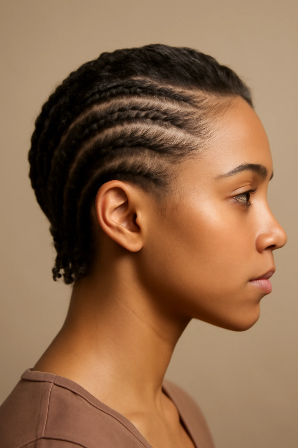 Side cornrows flat against the scalp along temples to nape