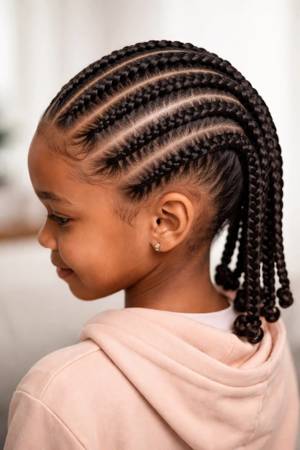 Close-up of a child’s textured hair styled in neat cornrows