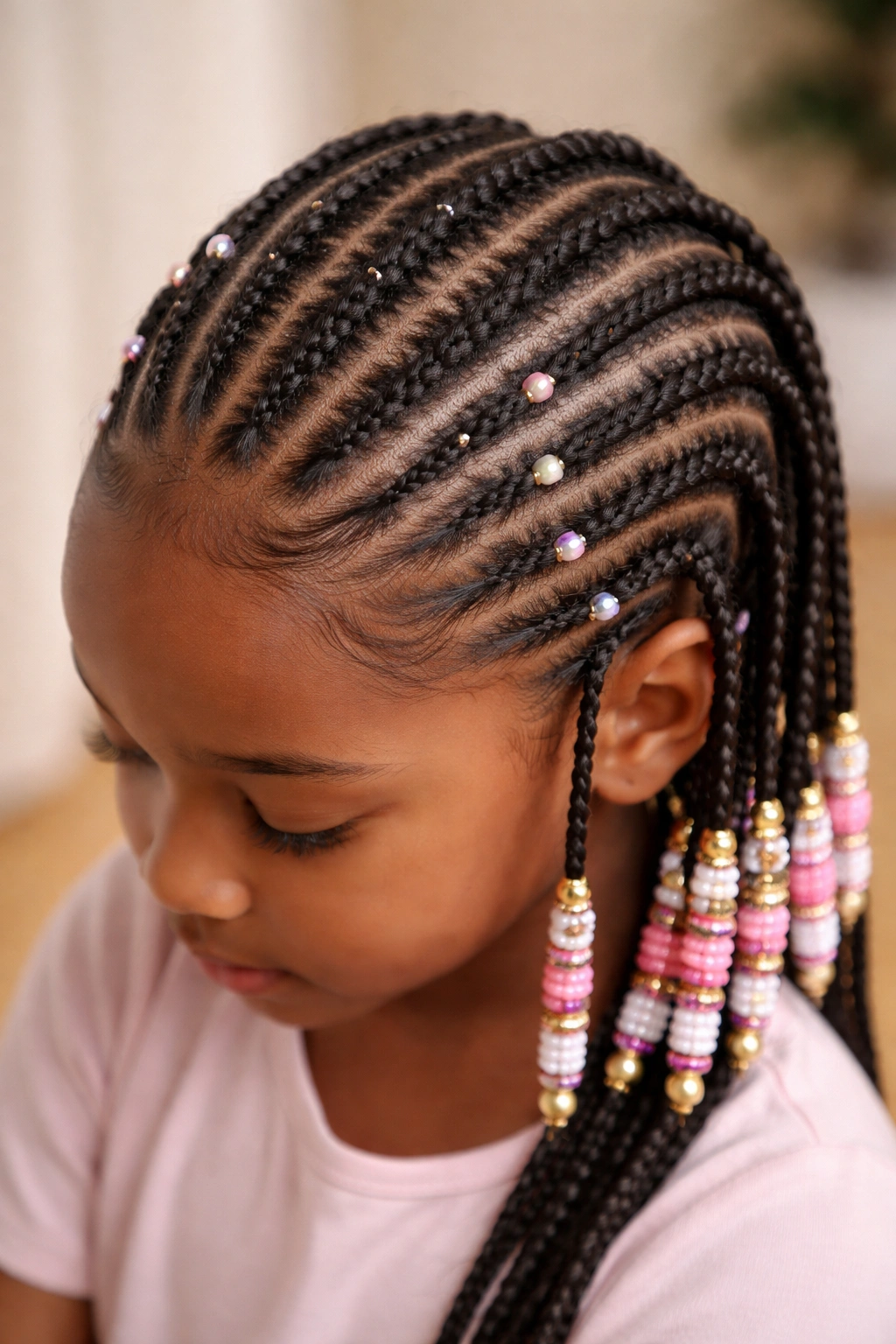 Top-down view of cornrows with beads threaded onto the braids