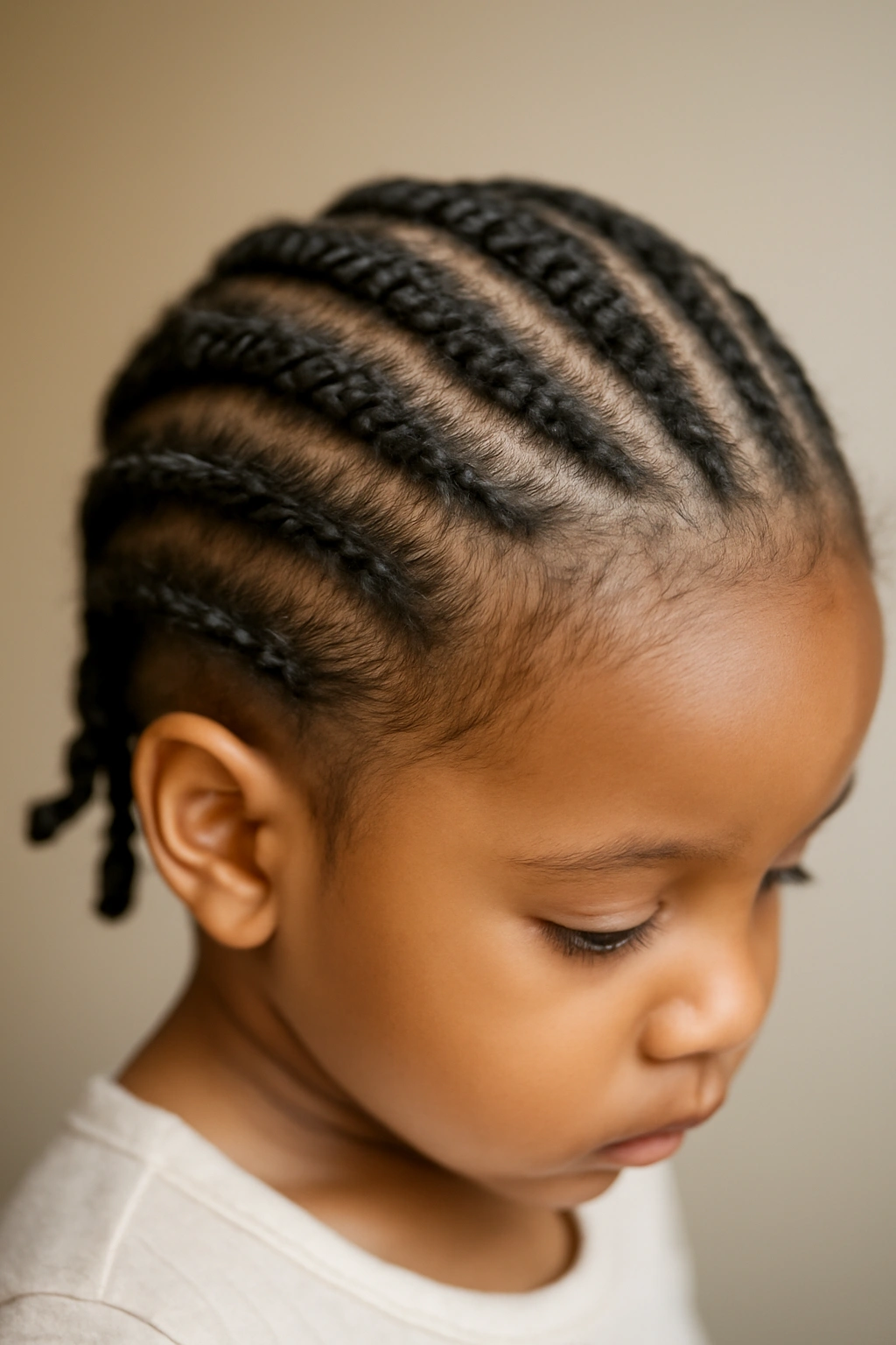 15 Adorable Natural Hair Braids for Toddlers 4 Close-up of a toddler with loose cornrows around the head