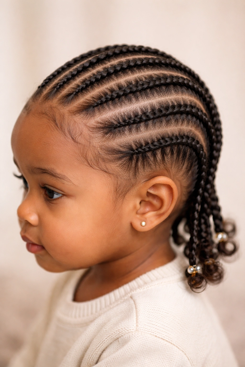 Toddler head with cornrows along the scalp